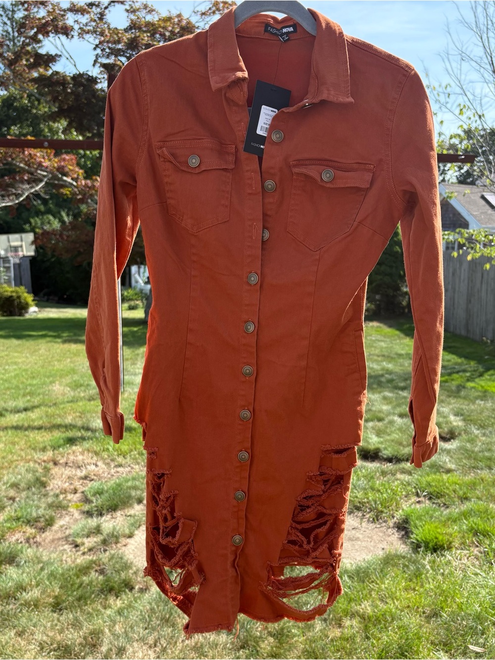Fashion Nova Rust Orange Distressed Button-Front Shirt Dress